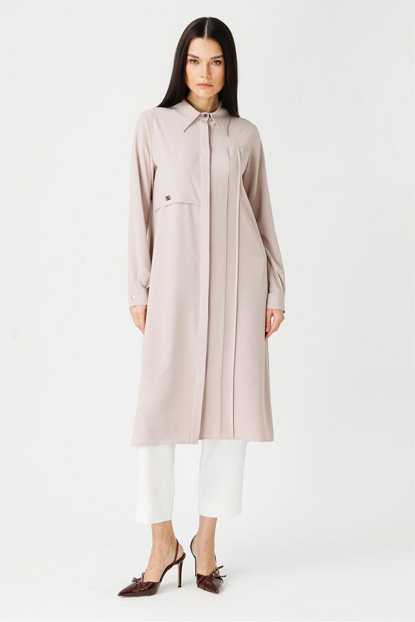 Esswaap-Stone Color Long Saviour Tunic - Stitching and Crest Detail 1