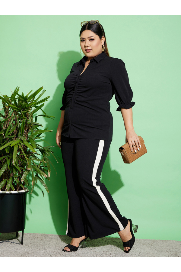 Sassafras By Styli-Plus Ruched Front Shirt & Flared Pants Co-Ords 1