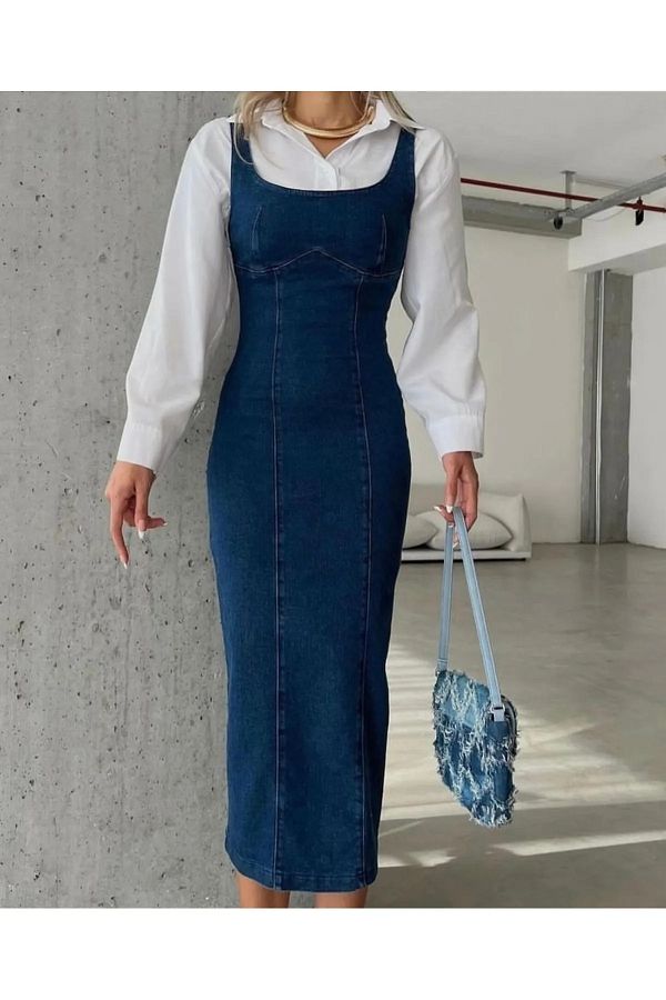 MADAME MELEK Denim Thick Strap Dress with Zipper and Slit Trendyol