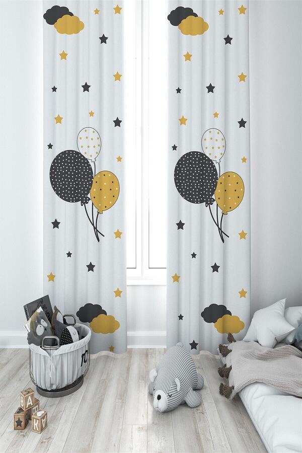 MEKTA HOME Unisex Beyaz Balonlu Çocuk Ve Bebek Odası 2 Kanat Fon Perde Mkt-002