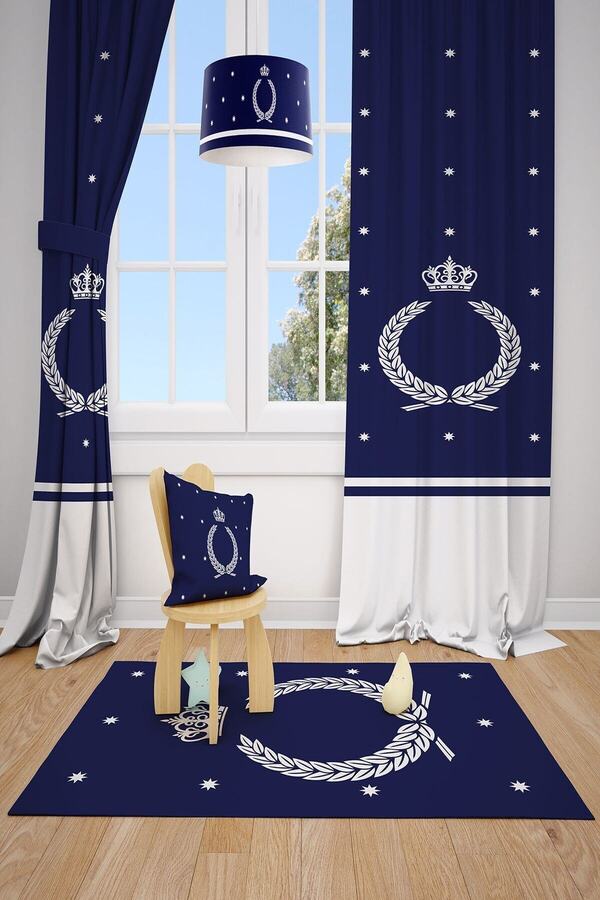 MEKTA HOME Lacivert Modern Çocuk Odası Fon Perdesi 2 Kanat Mkt-144
