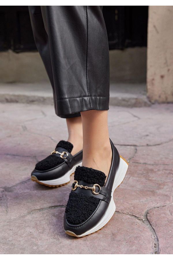 NILUFARR-Shaggy Black Genuine Leather Furry Women's Sneakers 1