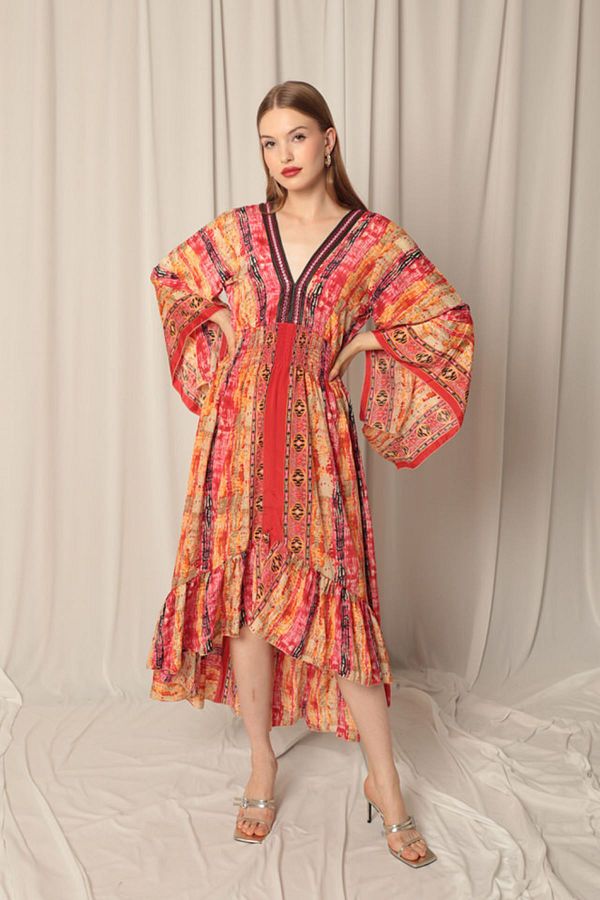 M M Giyim Store Silk Fabric V Neck Back Tie Detail Short Front Orange Dress Trendyol