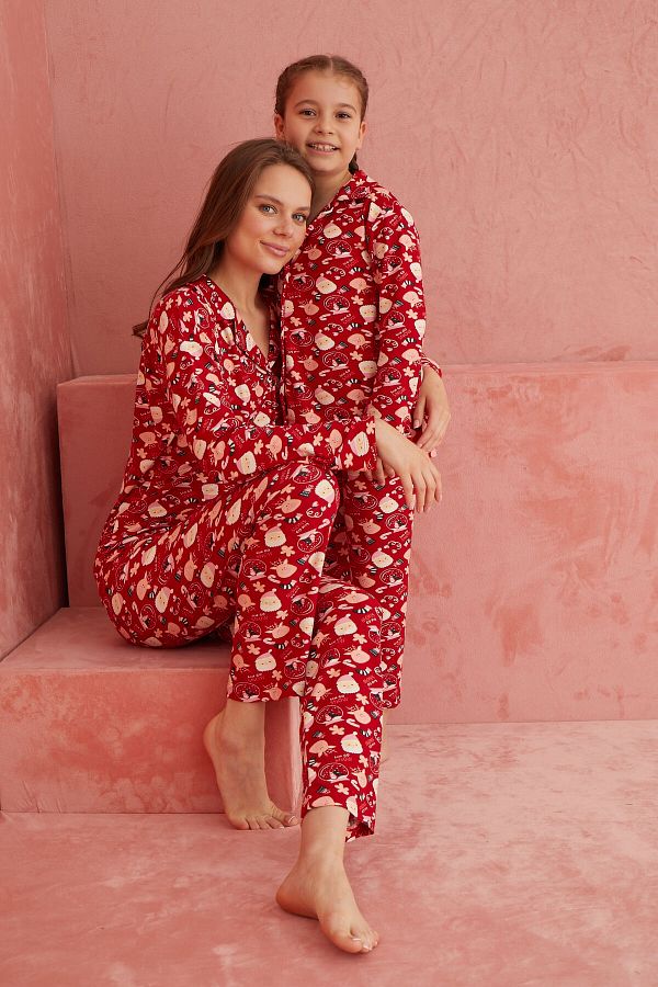 ELİTOL-Red New Year's Patterned Front Buttoned Suede Pajama Set 1
