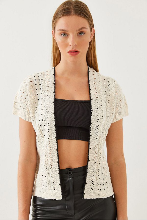 Bianco Lucci-Kurzärmliger, durchbrochener Strick-Cardigan für Damen 20246209 1