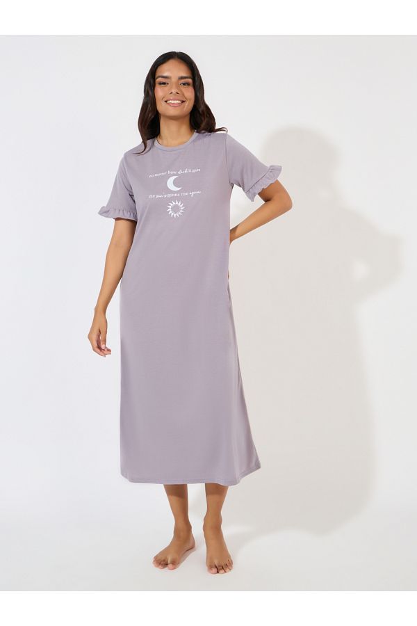 Styli Moon Graphic Slogan Ruffle Sleeve Sleep T Shirt Dress Trendyol
