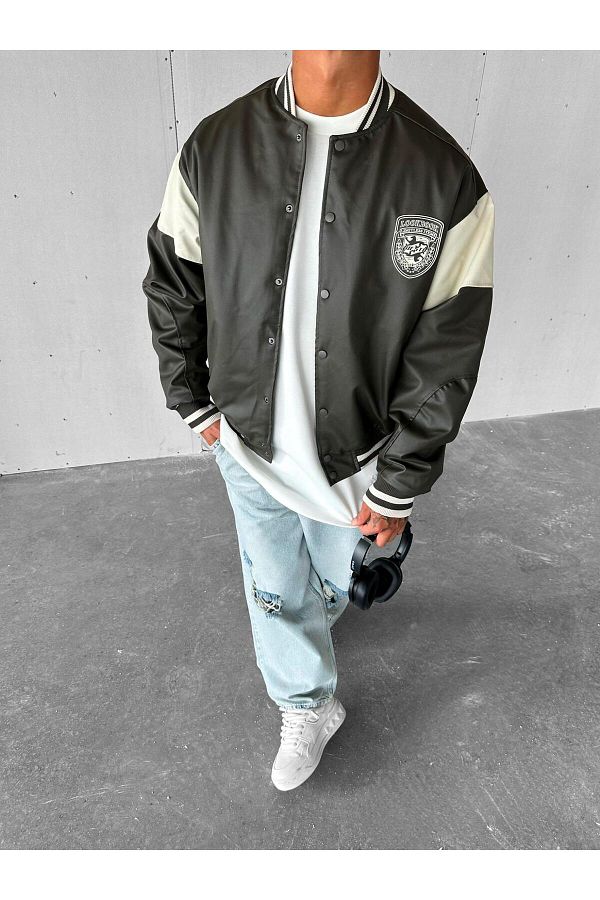 ablukaonline-Jachetă retro College din piele oversize pentru bărbați kaki 1