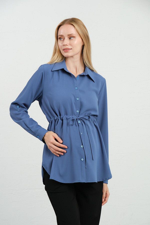 BUSA-Indigo Long Sleeve Maternity Shirt - Waist Lace-Up 1