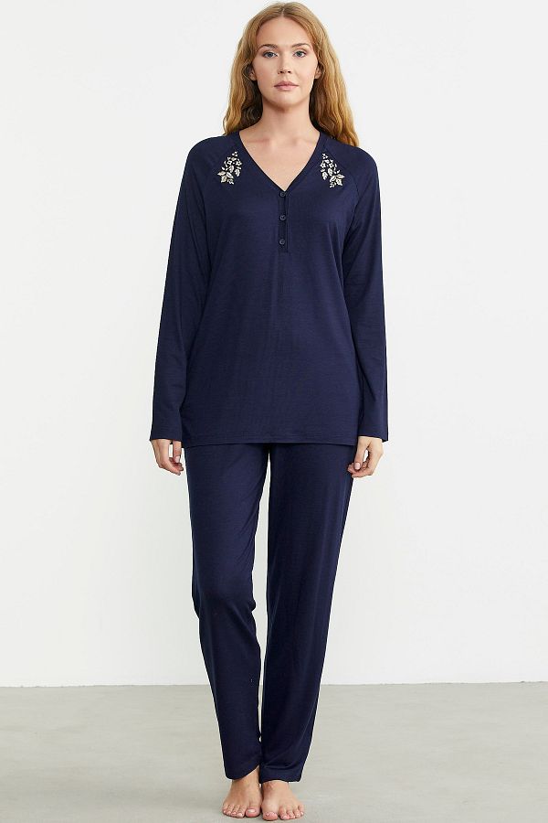 Sementa-Set de pijamale cu nasturi cu broderie - bleumarin 1