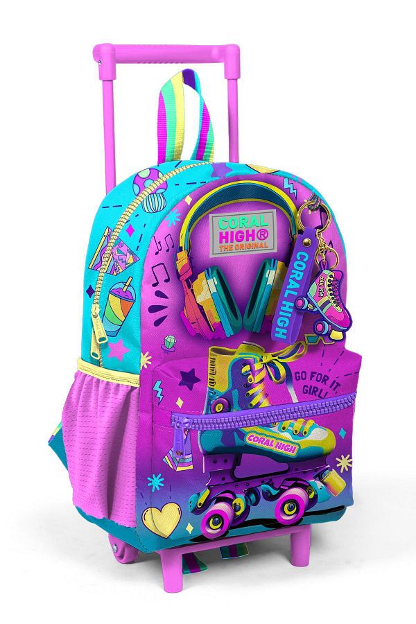 Coral High-Pink Turquoise Tiny Nest Backpack - Squeegee and Skate Pattern, Two Compartments 24054 1