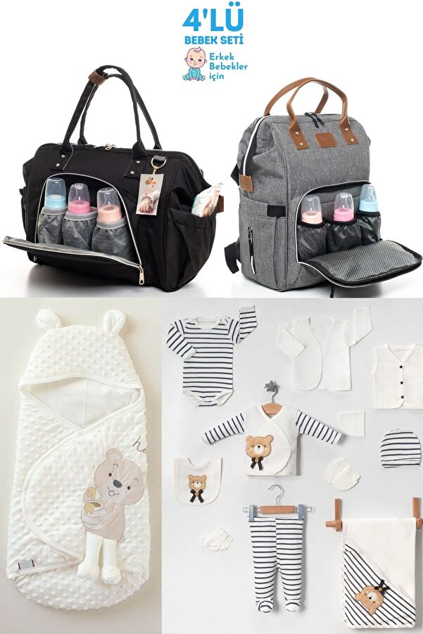 Genel Markalar 4’lü Doğum Seti (10 PARÇA %100 PAMUK HASTANE ÇIKIŞI,KUNDAK,BEBEK BAKIM OMUZ ÇANTASI VE SIRT ÇANTASI)