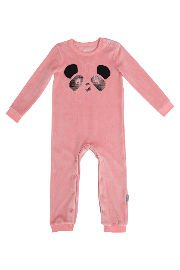 Gambino Kız Bebek Kadife Panda Nakışlı Çıtçıtlı Tulum - Pembe