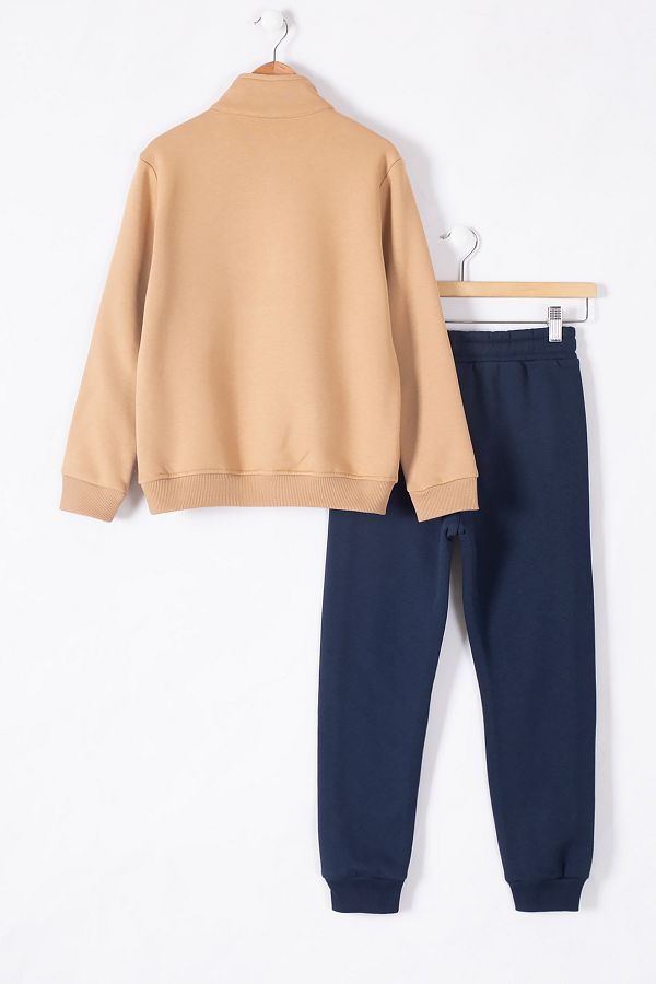 Cans n Mini Tan Kangaroo Pocket Zipper Collar Boys Raised Tracksuit Set 19616 Trendyol