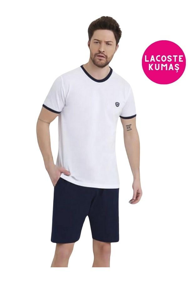 bie s Men s White Navy Blue Lacoste Fabric Sleeve Detail Cotton Short Sleeve Crew Neck Shorts Pocket Pajama Set Trendyol