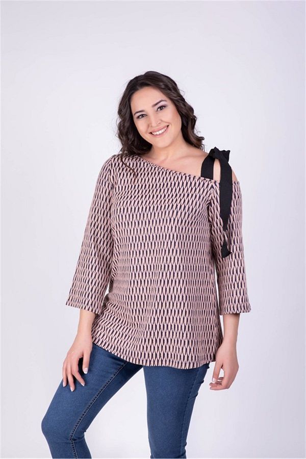 MYLİNE-One Shoulder Open Stripe Patterned Blouse 1