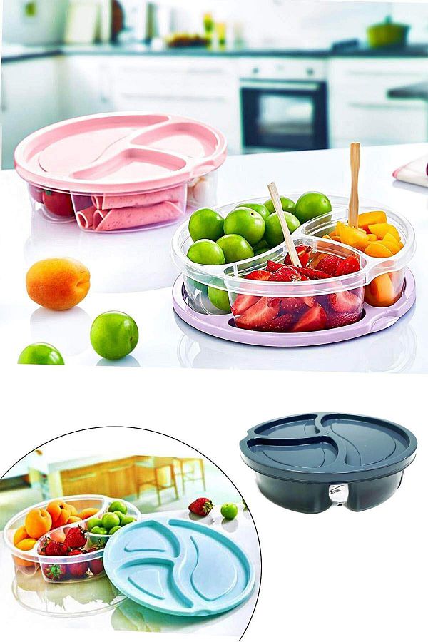 Rasanet-Diet Storage Container 3 Compartments Practical Round Nutrition Breakfast Container Dark Gray 1