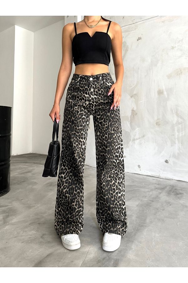 BİKELİFE-Palazzo-Hose aus Lycra mit hoher Taille und weitem Bein und Leopardenmuster für Damen 1