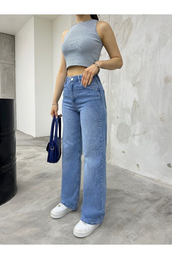 BİKELİFE-Hellblaue Jeans mit hoher Taille und weitem Bein aus Lycra für Damen 1