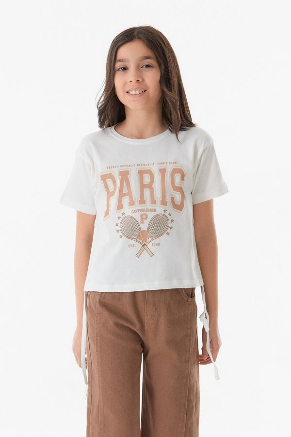 Fulla Moda-Text Printed Girl's T-Shirt with Gathered Sides 1