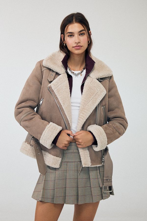 Suede shearling biker jacket deals