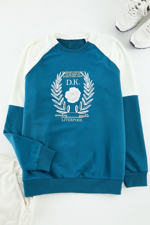 Trendyol Collection-Navy Blue Raglan Sleeve Printed Cotton Sweatshirt - Tmnaw22Sw1214 1