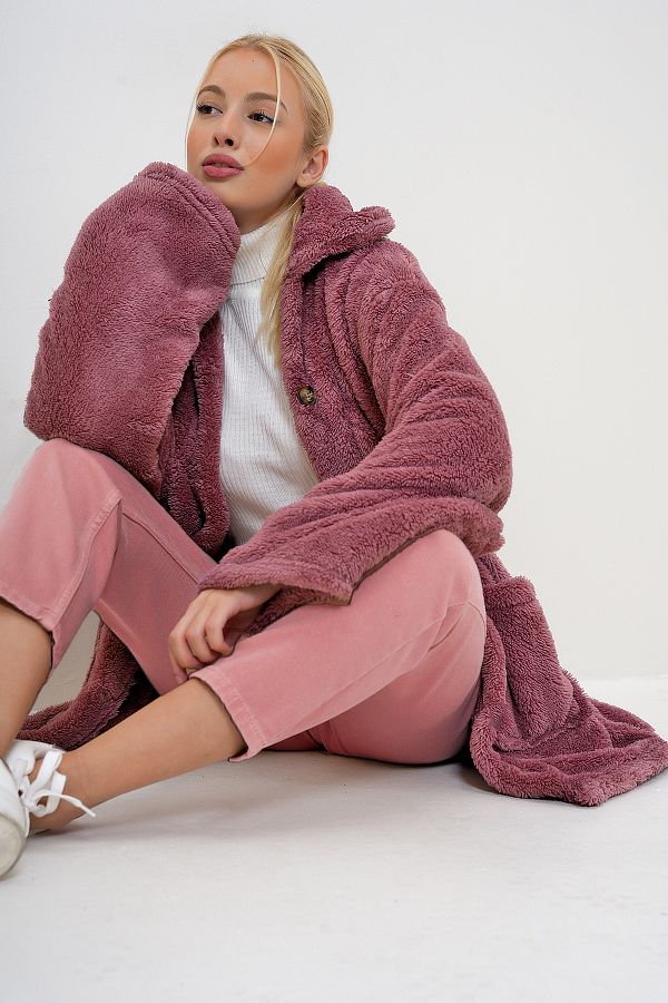 VAGGON-Dámska nadrozmerná plyšová bunda Dusty Rose s dvojitým vreckom na gombíky Prm1104 1