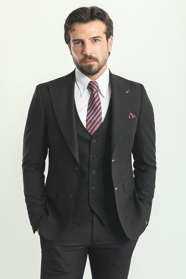 Mcr-Costum clasic pentru bărbați, negru, slim fit, cu guler larg 1