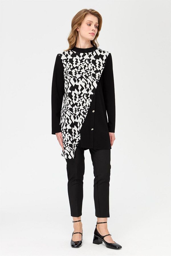 Esswaap-Geometric Pattern Combination Asymmetric Pattern Tunic Black 1