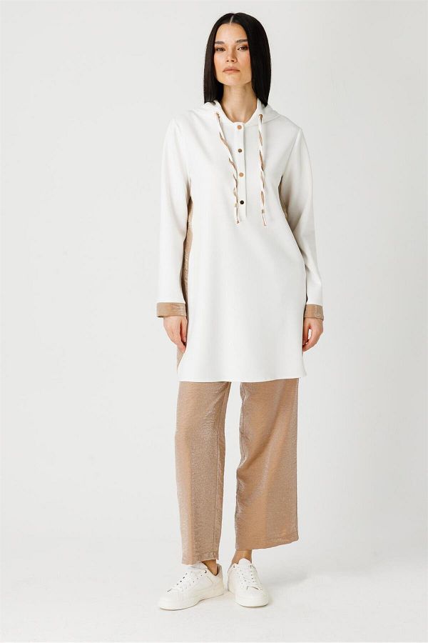 Esswaap-Ecru Tunic - Fabric Side Stripe Detail and Hoodie 1