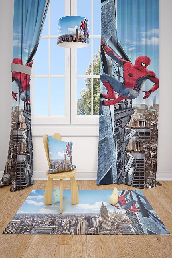 MEKTA HOME Erkek Çocuk Mavi Örümcek Adam Spiderman Fon Perde 2 Kanat Mkt-103