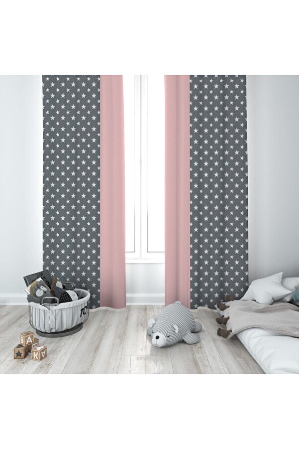 MEKTA HOME Yıldızlı Pembe Desen Çocuk Ve Bebek Odası Fon Perde 2 Kanat Mkt-101m