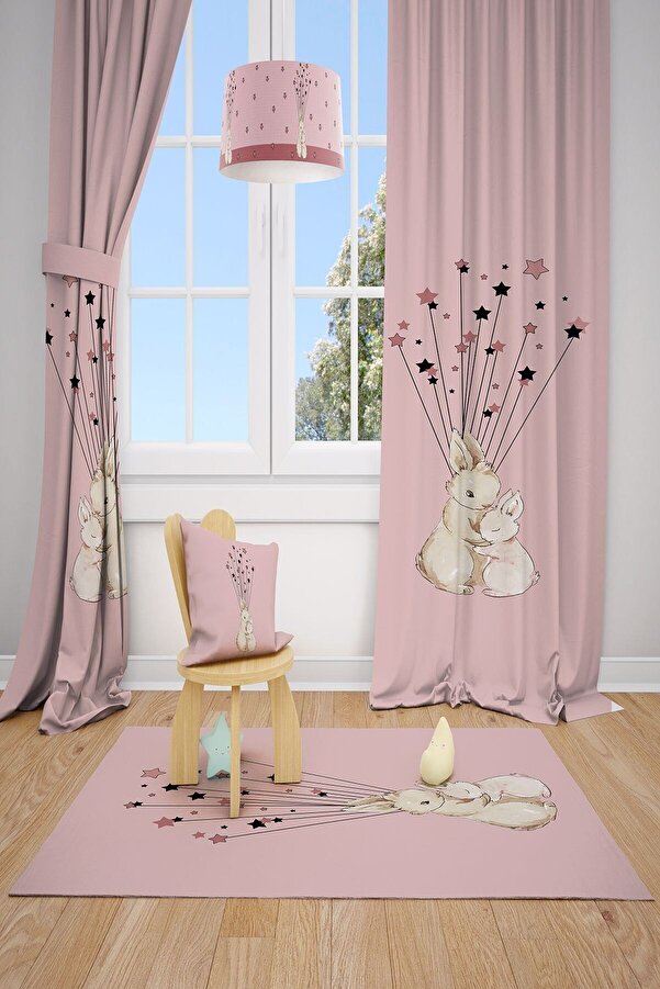 MEKTA HOME Pembe Tavşanlar Çocuk Ve Bebek Odası Fon Perdesi 2 Kanat