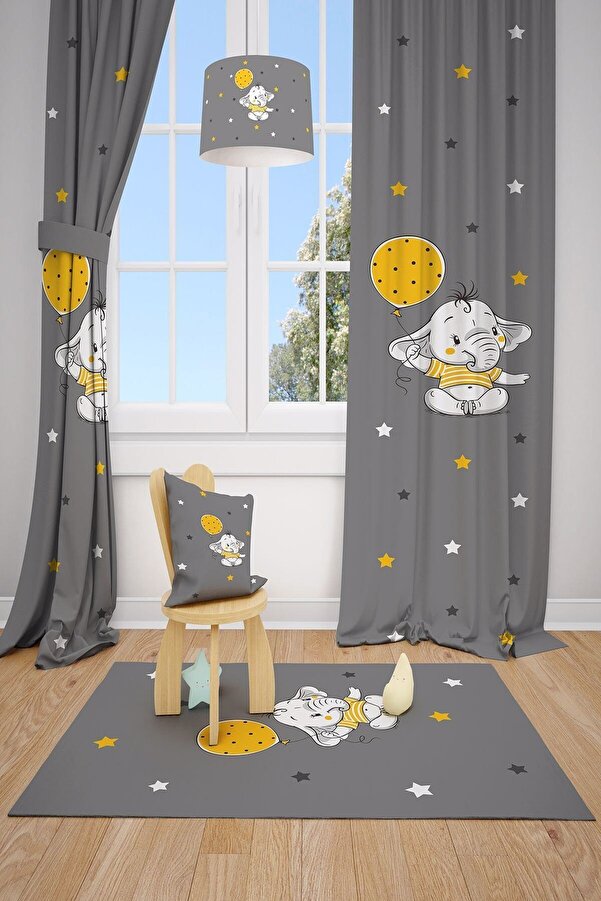 MEKTA HOME Balon Ve Fil Çocuk Ve Bebek Odası Fon Perdesi 2 Kanat Mkt-123