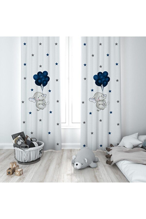 MEKTA HOME Lacivert Balon Ve Fil Çocuk Ve Bebek Odası Fon Perde 2 Kanat Mktp-231