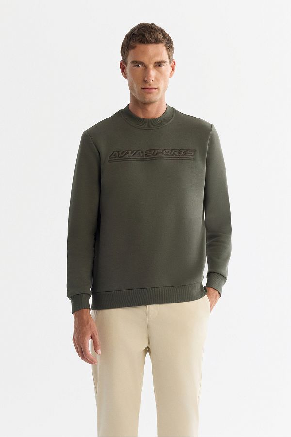 Avva-Men's Khaki Crew Neck 3 Thread Raised Printed Sweatshirt A42Y1306 1
