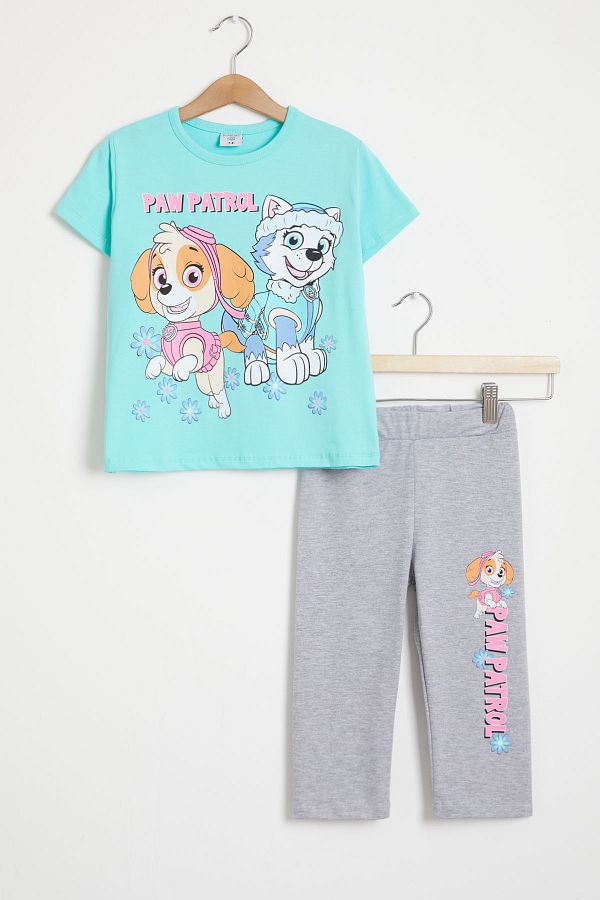 Cansın Mini-Mint Paw Printed Girl's Set - T-Shirt and Shorts Leggings 15445 1