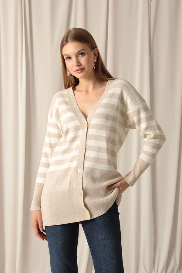 Lukas Knitwear Fabric Striped Women s Stone Cardigan Trendyol
