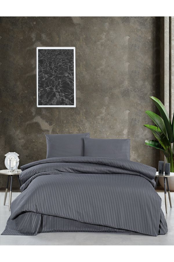 Firuze-Satin Double Duvet Cover Set Solid Color Line Pattern High-End Soft and Bright 1
