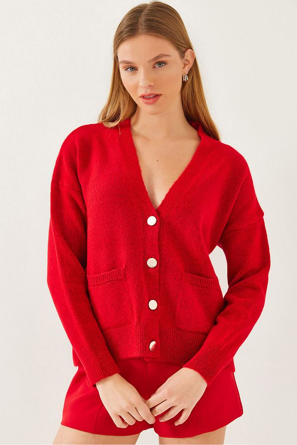 Bianco Lucci-Cardigan de damă, cu decolteu în V, cu buzunare, cu nasturi 20247535 1
