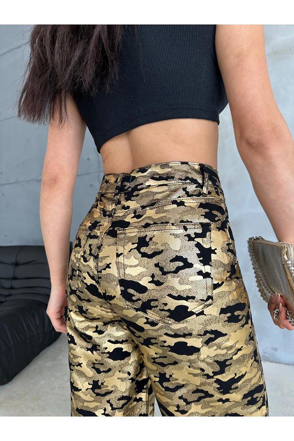 Zeo Basic-Zeo Basic Gold Military Pattern Varak Printed Wide Leg Pants 1