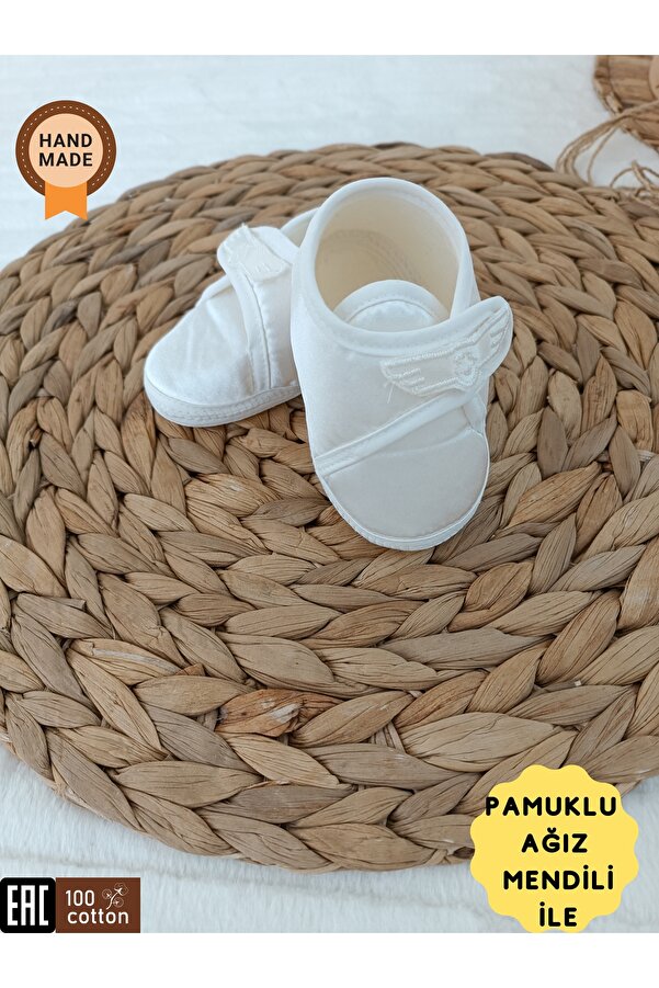 Tomuycuk Yenidoğan Kız Erkek Bebek Patik Ayakkabı - Beyaz & Önden Cırtlı Ayakkabı