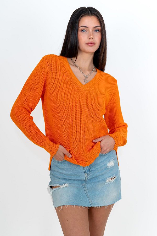 CHUBA-Women's Thessaloniki Knit Cotton V-Neck Knitwear Sweater Orange 24W144 1