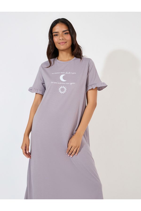 Styli Moon Graphic Slogan Ruffle Sleeve Sleep T Shirt Dress Trendyol