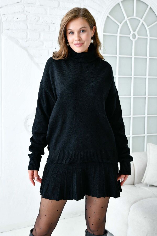 WOMAN VISION-Černá pletená minisukně a svetr s rolákem - podrobný plisovaný oversize set 9903 1