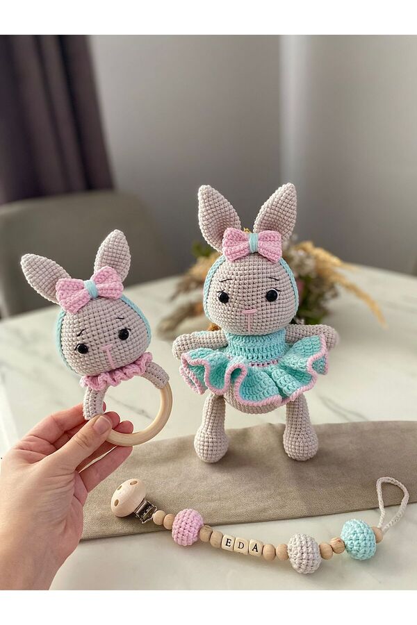 Zey's Amigurumi Amigurumi Örgü Oyuncak Tombul Tavşan Yenidoğan 3’LÜ SET - Çıngırak,Emzik Zinciri,Uyku Arkadaşı