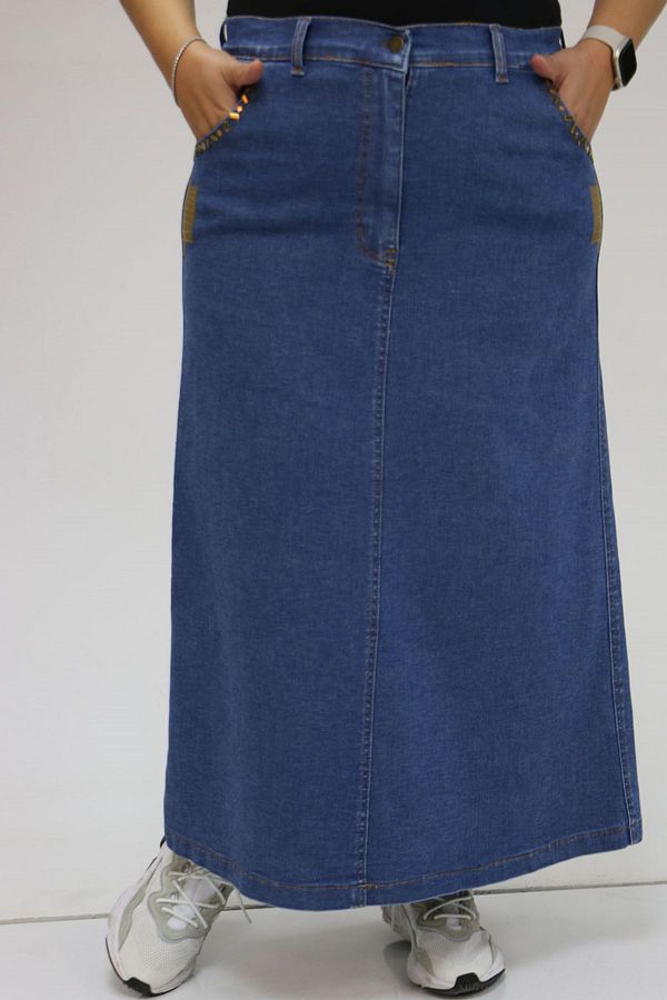 Eslina-45008 Large Size Jeans Skirt with Pockets and Stone Detail - Petrol 1