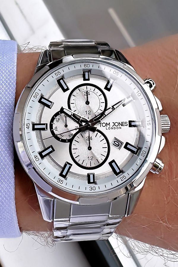 Tom Jones-Men's Silver Color Steel Watchband - 3 Atm Waterproof, White Bracelet Agr38 1