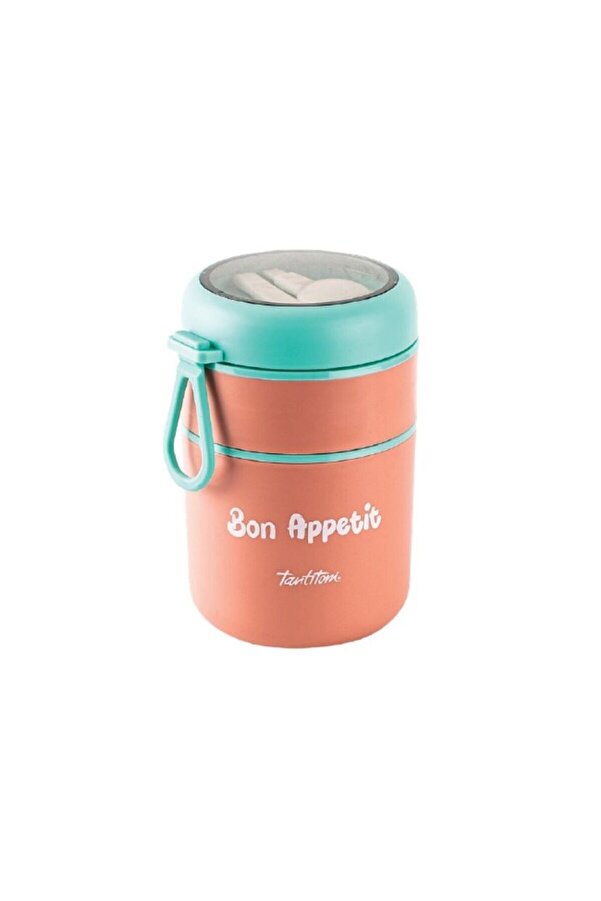 Tantitoni TANTİTONİ PEMBE PASLANMAZ ÇELİK YUVARLAK 2 KATLI PEMBE-YEŞİL PLASTİK KAŞIKLI YEMEK TAŞIMA KABI 710ML