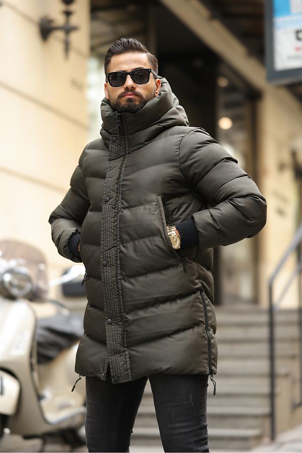 RHONES Men s Winter Long Coat with Hooded Side Zipper Detail Trendyol