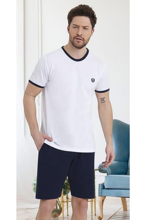 bie s Men s White Navy Blue Lacoste Fabric Sleeve Detail Cotton Short Sleeve Crew Neck Shorts Pocket Pajama Set Trendyol